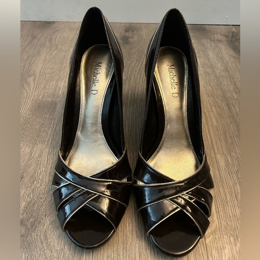 Michelle D patent Brown Peep Toe Heels